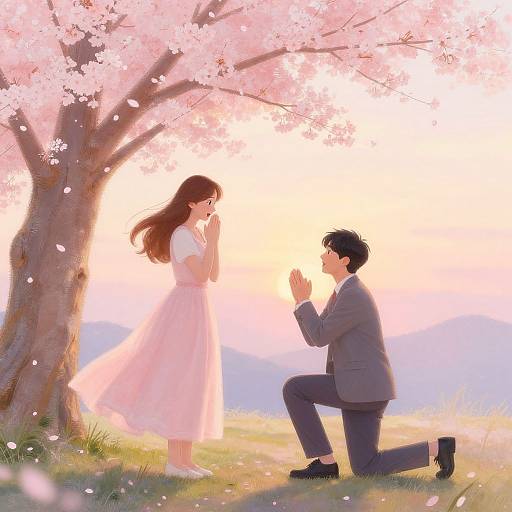 Anime-style digital illustration of a kneeling man in a suit, proposing to a woman in a pink dress under a cherry blossom tree.