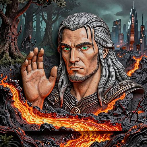 Digital fantasy artwork: intense, silver-haired man with green eyes, raising hand amidst fiery lava and dark forest, cityscape in background.