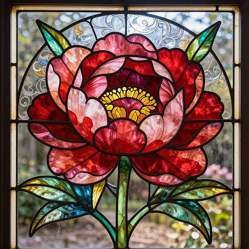 Stained glass art of a vibrant red flower with yellow center and green leaves, set in a circular window frame.