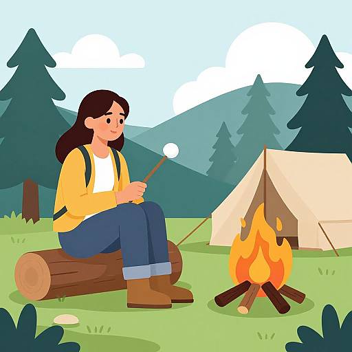 Cartoon-style illustration of a woman with long black hair, wearing a yellow jacket, white shirt, blue jeans, and brown boots, sitting on a