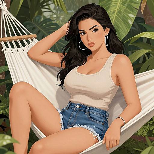 Digital illustration of a curvy woman with long black hair, wearing a white tank top and blue denim shorts, lounging in a white hammock amidst