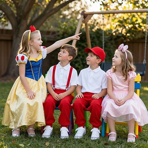 Photograph of four children in colorful Disney costumes: blonde girl in yellow dress, three boys in white and red outfits, pointing outdoors on grassy lawn