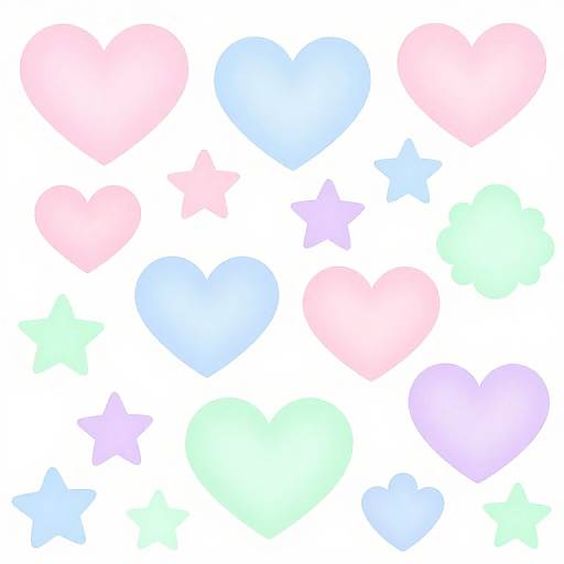 Digital illustration of pastel-colored hearts and stars in pink, blue, green, and purple, scattered randomly on a white background.