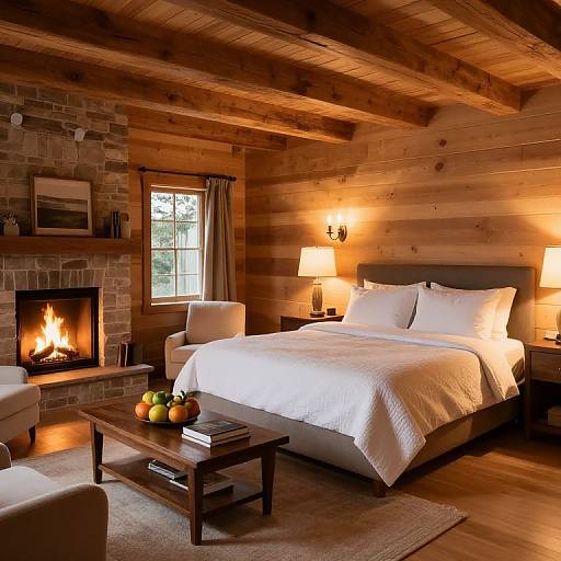 Cozy Wooden Bedroom with Fireplace and Seating Area