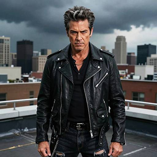Intense Man in Leather Jacket on Urban Rooftop