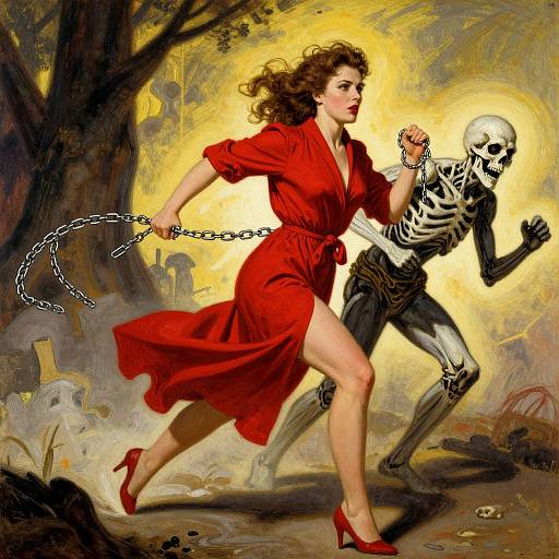 Digital painting of a curly-haired woman in a red dress and heels, chasing a chained skeleton in a graveyard at sunset.