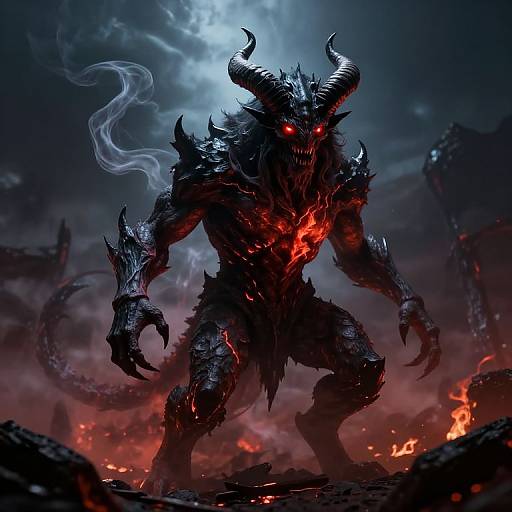 Digital artwork of a menacing, horned demon with glowing red eyes, black spiked armor, and red lava glowing on its chest, standing in a sm