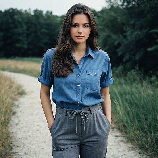 Young Woman in Blue Shirt and Grey Pants Outdoors