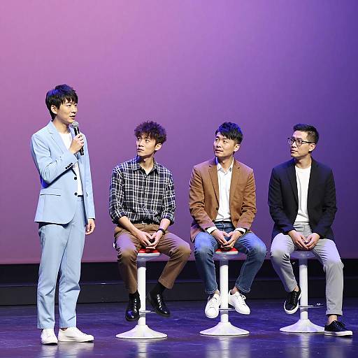 Four men on stage with microphone