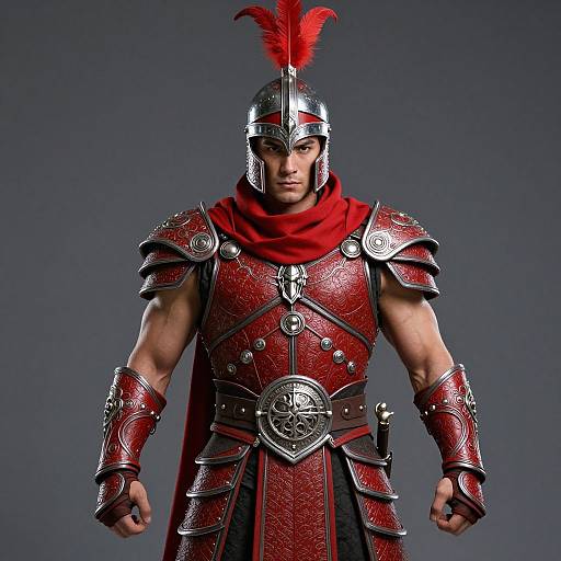 Photograph of a muscular male warrior in detailed red and silver Roman-style armor with a red scarf and red feathered helmet, standing against a dark gray