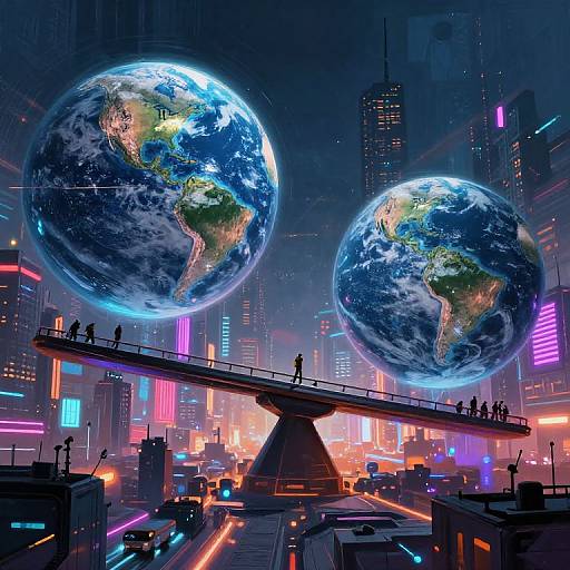 Digital artwork: Two giant, floating Earths in a neon-lit, futuristic cityscape with a high-tech, suspended walkway and tiny figures standing