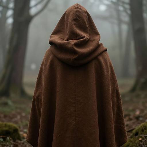 Photograph of a person in a brown hooded cloak, standing in a misty forest, with blurred trees in the background.