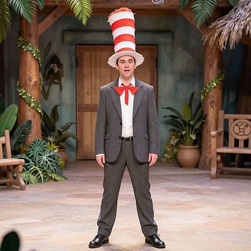 Photograph of a man in a gray suit, red bowtie, and striped hat standing in a tropical-themed outdoor setting.