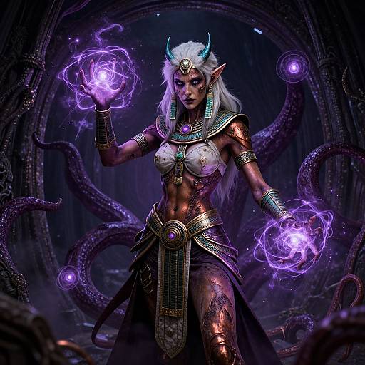 Digital art of a muscular, white-haired demoness with blue horns, glowing purple magic orbs, and intricate gold armor, surrounded by dark tentacles.