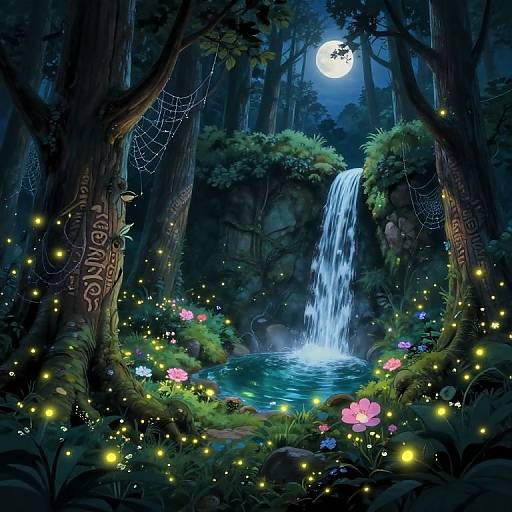 Digital fantasy artwork of a moonlit forest with a waterfall, glowing fireflies, pink flowers, intricate tree carvings, and a full moon.