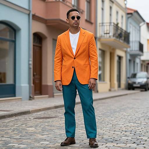 Photograph of a Black man with short hair, wearing sunglasses, an orange blazer, white shirt, teal pants, and brown shoes, standing on