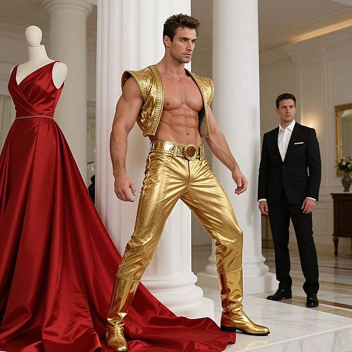 Muscular Man in Gold Outfit Posed in Luxurious Room