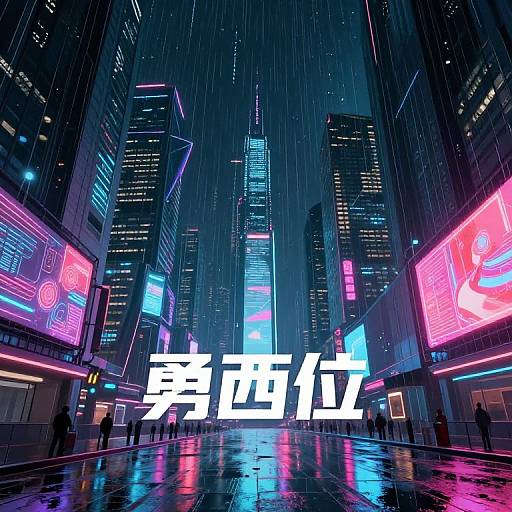 Neon-lit cyberpunk cityscape at night with rain, tall skyscrapers, glowing billboards, and large white Japanese text on wet pavement