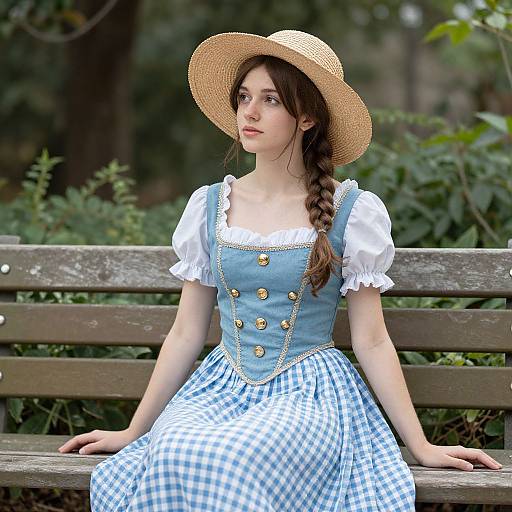 Young woman with fair skin, brown braid, wearing a blue-checkered dress and straw hat, sits on a wooden bench in a lush green park