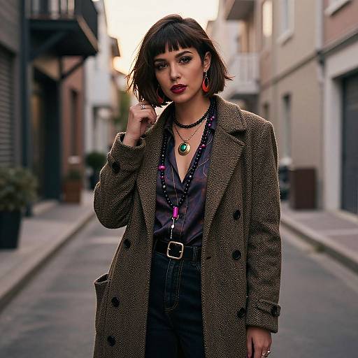 Photograph of a stylish young woman with short black hair, wearing a brown herringbone coat, black blouse, and colorful accessories, standing confidently in
