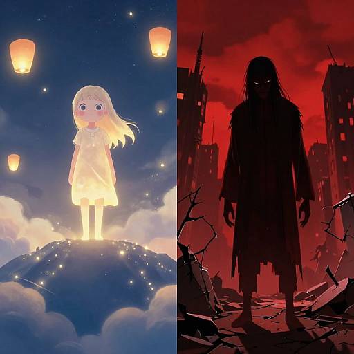 Split image: Left, cute anime girl with glowing yellow dress on cloud, lanterns in night sky; Right, dark, shadowy figure in red