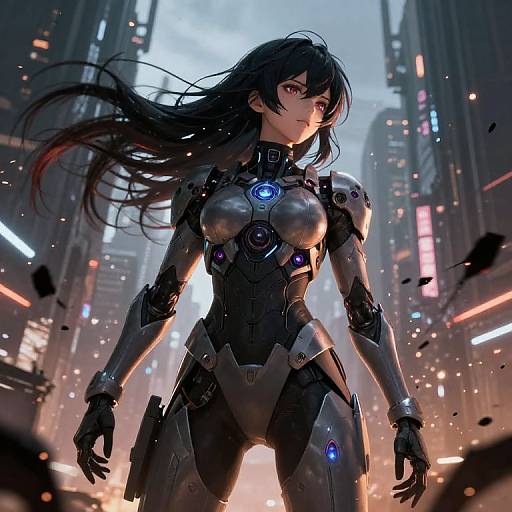 Digital art of a fierce, futuristic, black-haired woman in a sleek, armored suit with glowing blue accents, standing confidently in a neon-lit,