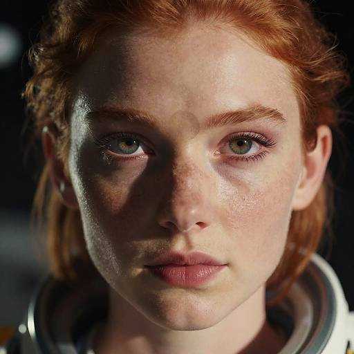 Close-up photograph of a fair-skinned, freckled redheaded woman with piercing blue eyes, slightly parted lips, and intense gaze, illuminated by