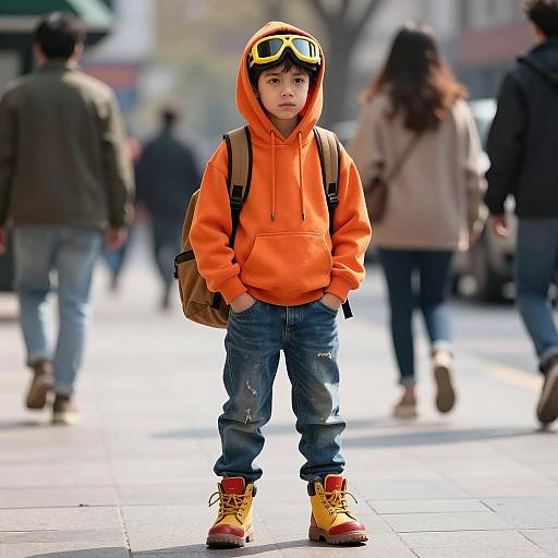 Young Boy in Orange Hoodie on City Street