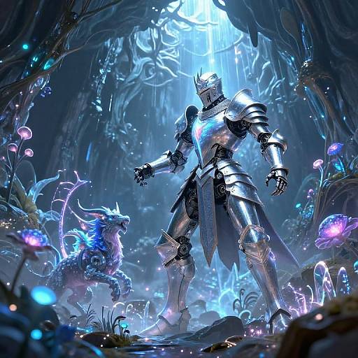 Digital fantasy artwork of a glowing, armored knight standing in a mystical, bioluminescent cave, facing a glowing blue dragon.