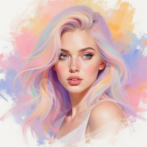 Digital painting of a beautiful young woman with long, flowing pastel pink and blue hair, blue eyes, and a white tank top, set against a