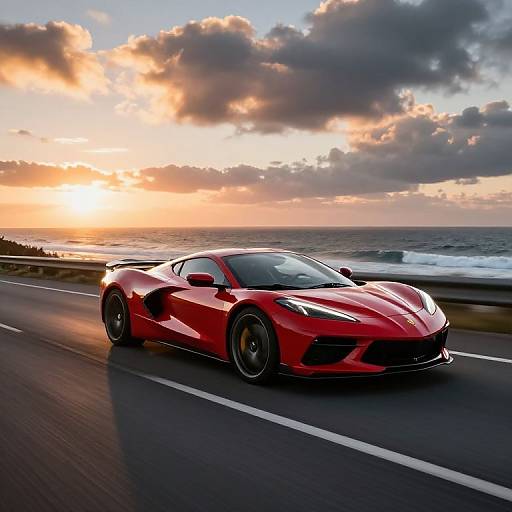 Photograph of a sleek, red sports car speeding along a coastal road at sunset, with dramatic clouds and ocean waves in the background.