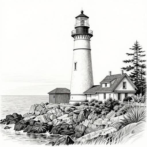 Black-and-white digital illustration of a tall lighthouse with a small house, surrounded by rocky shoreline and water, with a tree to the right.