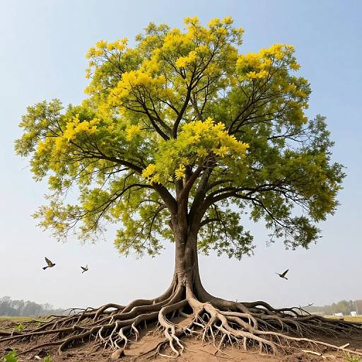Majestic Tree with Vibrant Foliage and Birds