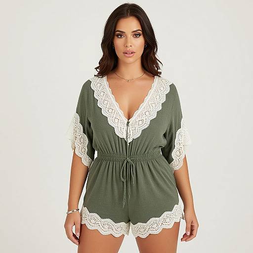 Photograph of a woman with long dark hair, wearing a green lace-trimmed V-neck romper, standing against a white background.