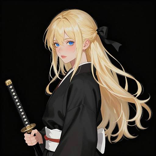 Elegant Young Woman in Black Kimono