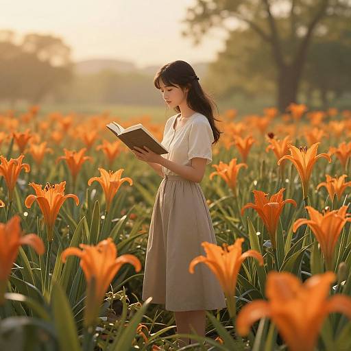 Photograph: Asian woman with long dark hair, white blouse, beige skirt, reading book in vibrant orange tulip field at sunset.