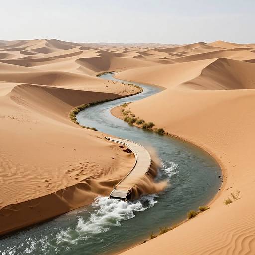 Photograph of a winding river cutting through golden-orange desert sand dunes with rippling water and scattered greenery under a clear sky.
