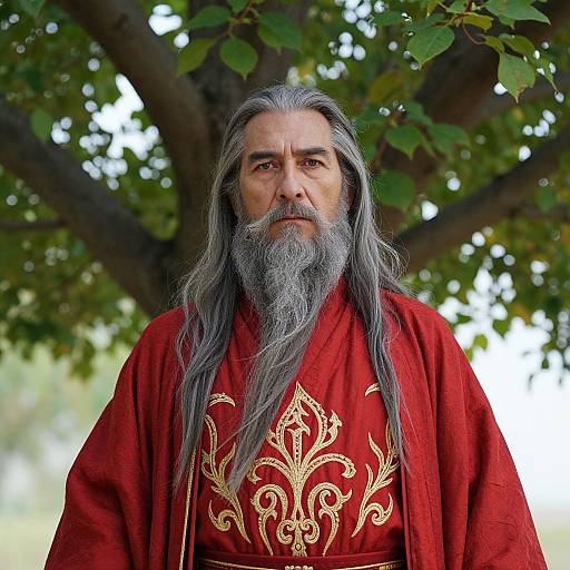 Photograph of an older man with long gray hair and beard, wearing a red robe with gold embroidery, standing under a large tree.