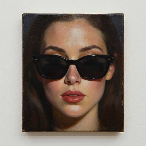 Photorealistic digital portrait of a woman with fair skin, brown hair, wearing large black sunglasses and red lipstick, against a dark background.