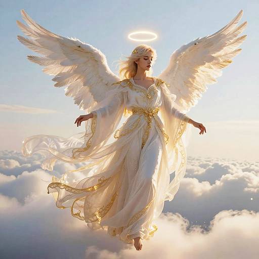 Graceful Angel Soaring Above Clouds