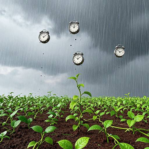Photograph of green plants in dark soil under heavy rain, with three floating clocks showing different times against a stormy sky.