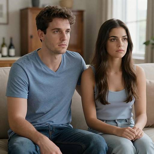 Serious Couple on Living Room Couch