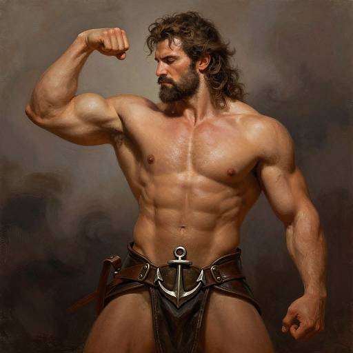 Photograph-style digital artwork of a muscular, bearded man with long dark hair flexing his right arm. He wears a black leather loincloth