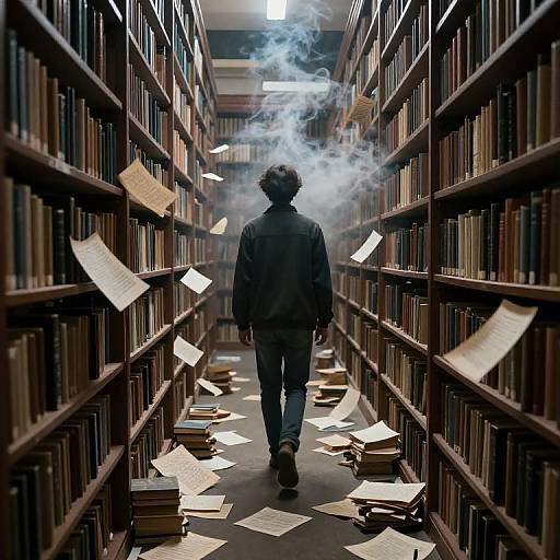 Photograph of a person in a black jacket, smoking, walking down a narrow library aisle with books and papers scattered. Blue smoke wafts upwards.