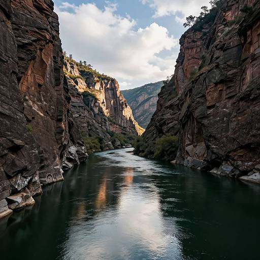 Photograph of a narrow, rocky canyon with a calm river reflecting the sky and sunlight, surrounded by steep, rugged cliffs.