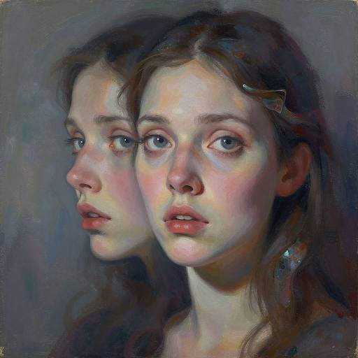 Digital painting of a young woman with pale skin, blue eyes, and brown hair, reflected in a mirror, with a soft, ethereal background.