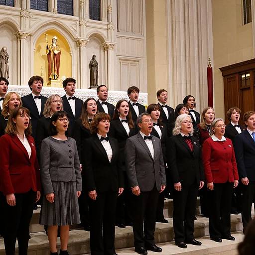 Photograph of a mixed-gender choir in formal black and gray attire, standing in front of a church altar with statues, singing with open mouths,