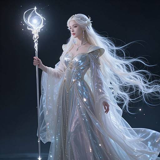 Ethereal white-haired woman in shimmering, silver-embellished gown holds glowing, ornate staff against dark background, exuding magical elegance