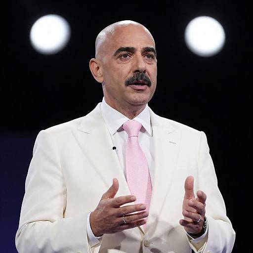 Man in White Suit Speaking on Stage