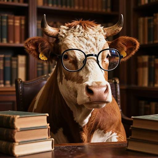 Whimsical Cow in Vintage Library